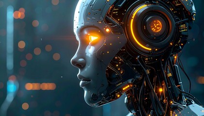 Futuristic female robot, glowing eyes, intricate mechanics