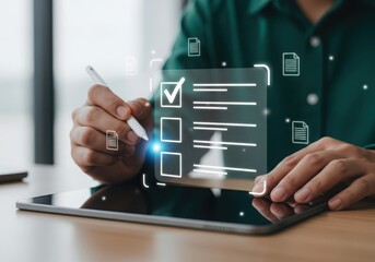 Person using stylus to check off items on digital checklist on tablet technology task