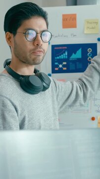 Vertical Screen : Group adult Asia male female software developers mentor leader manager talk strategy plan executive write prompt AI bot app nomad, video game, data center. Whiteboard slideshow code.