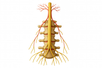 Human spinal cord and vertebral column with nerves, illustrating the nervous system and neurology on transparent background