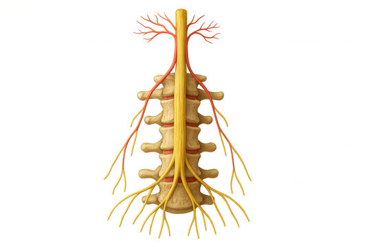 Human spinal cord and vertebral column with nerves, illustrating the nervous system and neurology on transparent background