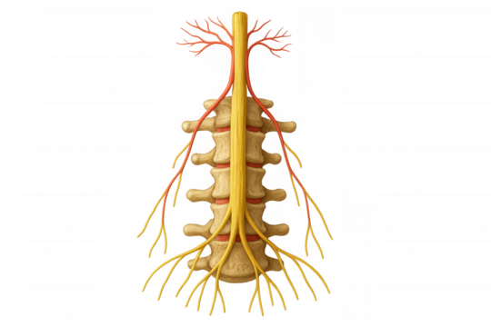 Human spinal cord and vertebral column with nerves, illustrating the nervous system and neurology on transparent background