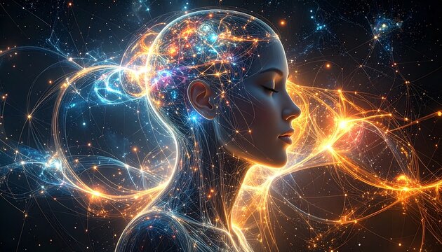 A radiant glass-like AI form containing shimmering galaxies and nebulae