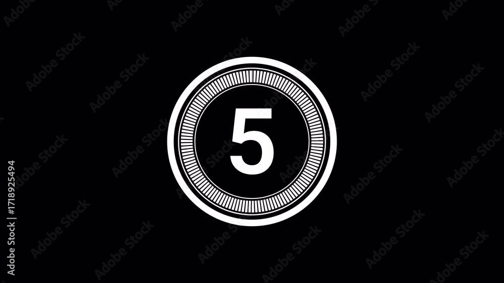 Poster 5 second countdown timer, digital circular animation from 10 to 0 seconds on black background. simpl