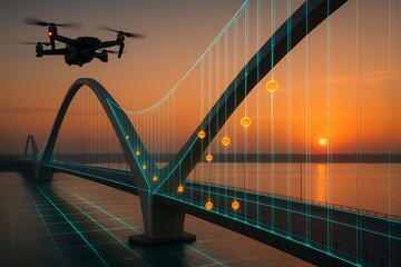 Drone inspection of cable-stayed bridge at sunset with AR structural overlays and stress point markers over river water