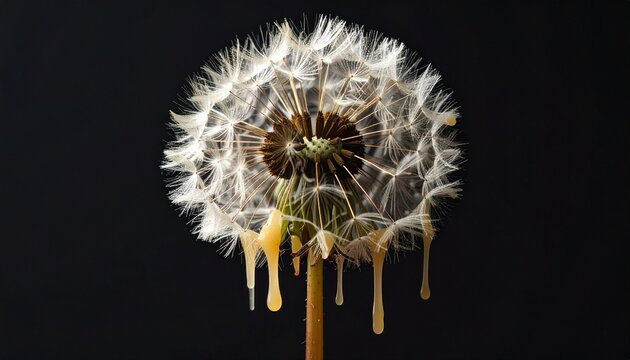 A dandelion made of wax-like texture, melting and dripping slowly like a candle - Powered by Adobe