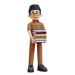 3D cartoon indonesia teacher character Carrying a Stack of Books
