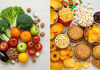 An overhead shot showcasing the choice between a nutritious and unhealthy diet