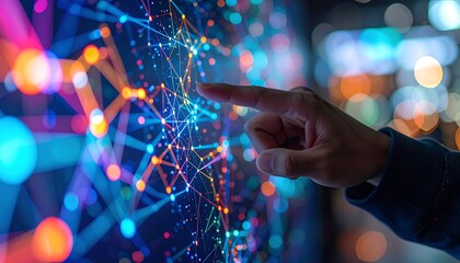 Hand interacts with vibrant digital network