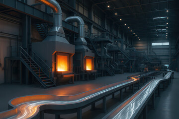Molten metal flowing through industrial factory with glowing furnaces and metal conveyor belts