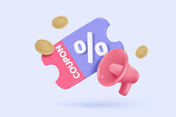 3d megaphone speaker or loudspeaker bullhorn for announce promotion in background, megaphone loud hailer with microphone, speakerphone. 3d icon vector render illustration for alert and announcement