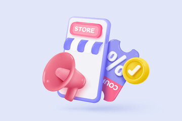 3d megaphone speaker or loudspeaker bullhorn for announce promotion in background, megaphone loud hailer with microphone, speakerphone. 3d icon vector render illustration for alert and announcement