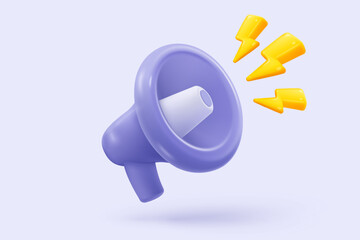 3d megaphone speaker or loudspeaker bullhorn for announce promotion in background, megaphone loud hailer with microphone, speakerphone 3d icon vector render illustration for alert and announcement