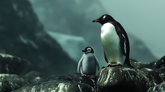 Adult and baby penguin standing on rocky shore with misty mountains behind - Powered by Adobe