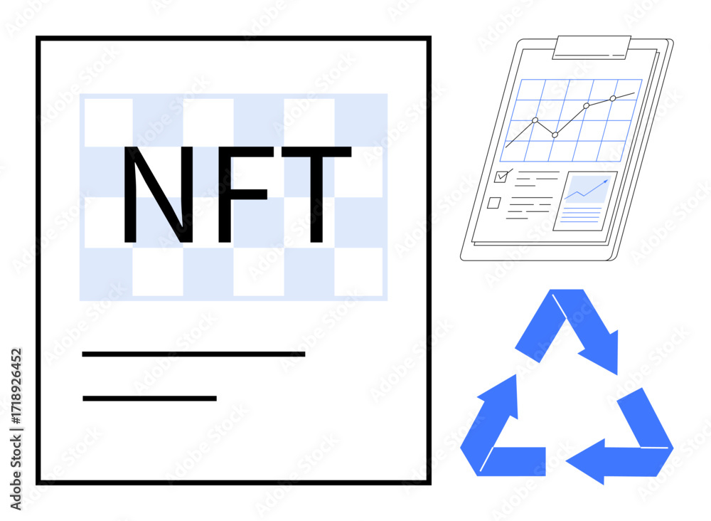 Poster nft text on checkered pattern, clipboard with charts, recycling arrows. ideal for blockchain, sustai
