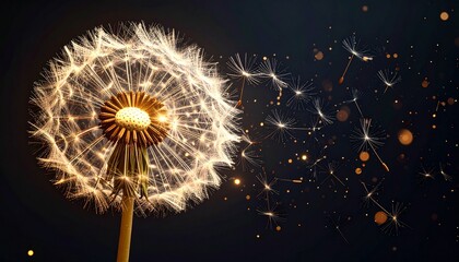 A dandelion glowing with radiant particles, seeds drifting like sparks of light.