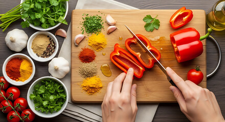 Overhead shot of hands cutting red bell pepper on wooden board surrounded by spices, herbs, garlic, and tomatoes, creating a vibrant and colorful culinary scene