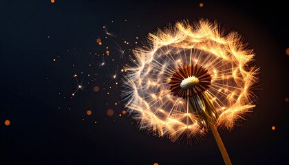 A luminous dandelion scattering soft, shimmering energy seeds.