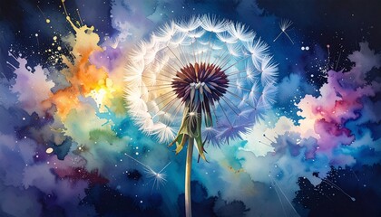 A dandelion painted in airy watercolor splashes, fading into soft clouds