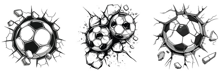 Broken soccer ball sport vector set illustration