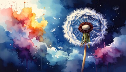 Watercolor dandelion dissolving into gentle abstract mist