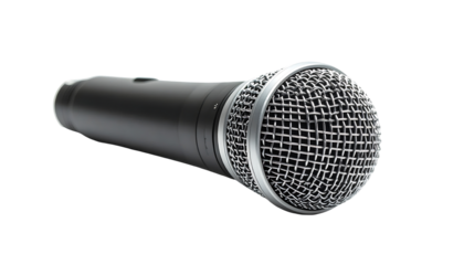 Sleek black wireless microphone with silver mesh grille, angled slightly to the right against a black background