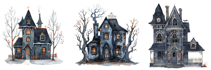 Haunted house spooky building vector set illustration