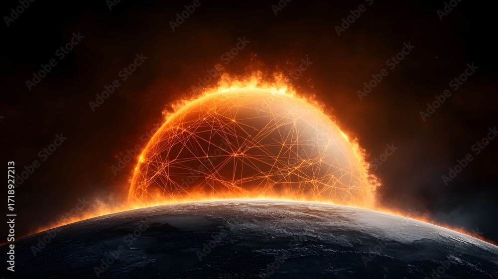 Poster the image shows a planet partially obscured by a fiery, glowing sphere covered in a network of orang