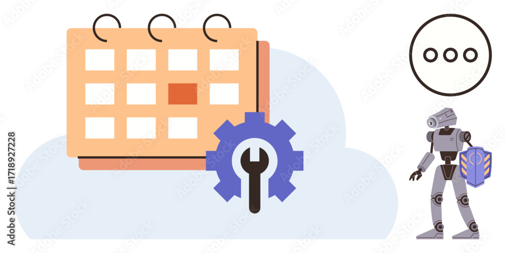 Poster calendar with highlighted date, gear symbolizing task management, robot holding ai book, chat bubble