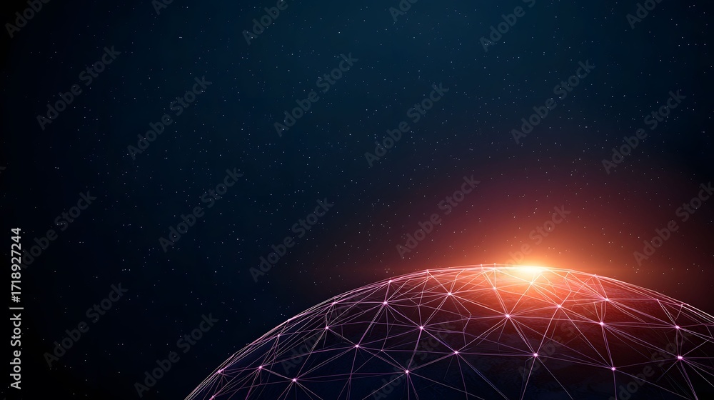 Poster the image showcases a stylized globe with a network mesh overlay against a deep space background fil