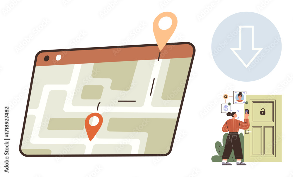 Aufkleber map with location pins and route on digital screen alongside person using smartphone to unlock smart