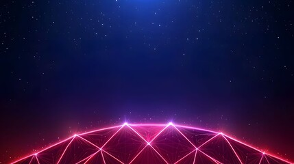 The image depicts a stargazing experience above a neon pink geodesic dome, creating a captivating blend of natural wonder and futuristic design in a dark, cosmic space.