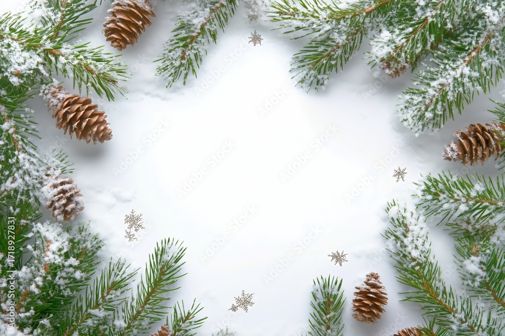 Poster winter themed pine branches and cones with snowfall effect create a festive border.
