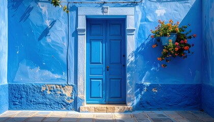Vibrant blue house facade with a blue door