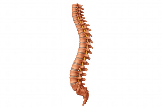 Human spine showing vertebral column with spinal cord and lumbar disc vertebrae on transparent background