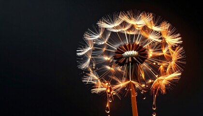 Dandelion forged from molten steel, seeds melting into shiny drops.