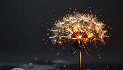 A molten-metal dandelion with seeds flowing as bright liquid metal
