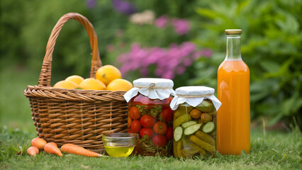 Abundant Harvest of Preserved Vegetables and Fresh Lemons Displayed Outdoors in Wicker Basket with Garden Backdrop