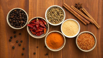 Assortment of Aromatic Spices and Herbs in Bowls on Wooden Table for Culinary Delights and Flavorful Cooking Experiences