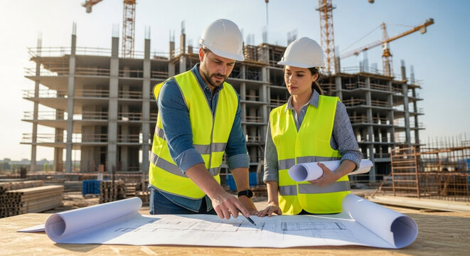Two construction workers in hard hats and safety vests reviewing blueprints at a construction site with a large building under construction in the background. - Powered by Adobe
