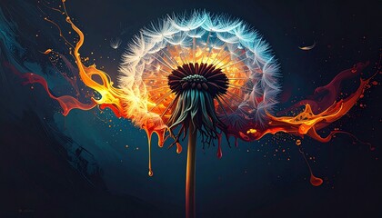 A dandelion melting into fiery molten colors, dripping like liquid flame