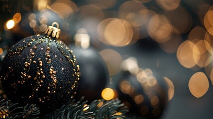 Fototapeta premium Elegant Black Christmas Ornament with Gold Accents and Bokeh Lights