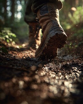 Muddy Hiking Boots Trampling Forest Trail Adventure