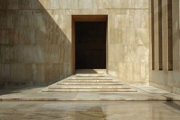 Fototapeta premium Sunlight casts dramatic shadows across a modern concrete walkway leading to a dark doorway