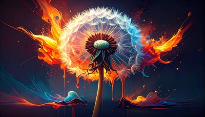 Fiery dandelion dissolving into dripping molten streams of color