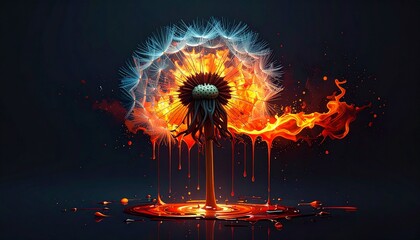 A melting dandelion blending flames and liquid forms in vivid motion