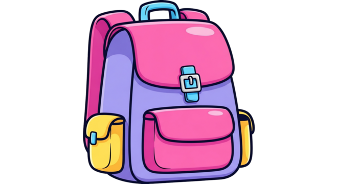 A vibrant cartoon backpack, pink and purple, with yellow side pockets.