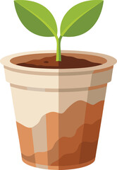 A fresh young seedling with two green leaves sprouting from soil in a clay pot—perfect for gardening visuals, growth concepts, eco projects, farming, and sustainability themes