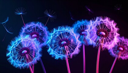 A cluster of dandelions with luminous neon threads and radiant colorful seeds
