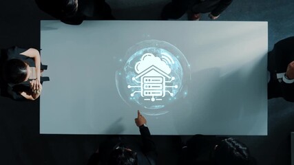 A modern business meeting takes place over a sleek conference table, featuring a digital cloud technology projection that highlights collaborative efforts on data solutions. Raster - Powered by Adobe